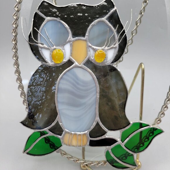 Stained Glass Owl Suncatcher With Yellow Moon Beveled Glass 12 Inch Chain AS IS - Picture 2 of 5